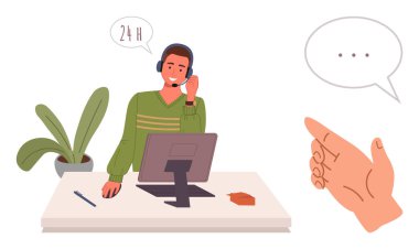 Müşteri hizmetleri çalışanı kulaklık takıyor, bilgisayarla birden fazla iş yapıyor, diyalog kuruyor. Destek, iletişim, takım çalışması, iş, çevrimiçi hizmetler, etkileşim, müşteri hizmetleri için ideal