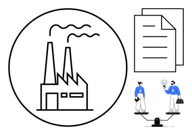 Duman yayan bacaları olan bir fabrika, bir yığın doküman ve fikir ve işi dengeleyen iki profesyonel. Endüstri, çevre, sürdürülebilirlik, takım çalışması, yenilik, yönetim işyeri için ideal