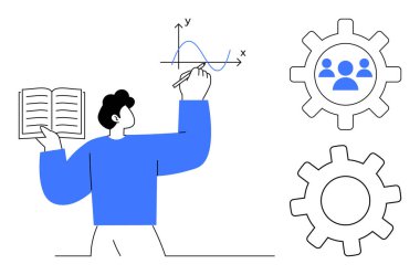 Bireysel tutuş kitabı, insanların yer aldığı kalem dişlileriyle çizimler, takım çalışması. Öğrenme, analitik, işbirliği, strateji, mekanik planlama organizasyonu için ideal. Basit düz metafor