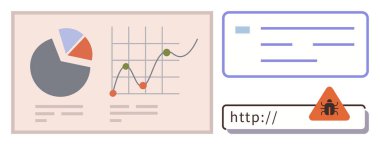 Bir URL çubuğunda veri eğilimlerini, e- posta arayüzünü ve hata uyarısını analiz eden turta grafiği ve çizgi grafiği. Veri analizi, siber güvenlik, kötü amaçlı yazılım tespiti, raporlar, çevrimiçi güvenlik, risk yönetimi için ideal basit