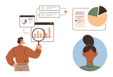 Baro grafiklerini, pasta grafiklerini ve büyüteçle kullanıcı profilini inceleyen bir adam. Analiz, raporlama, iş stratejisi, veriye dayalı kararlar, piyasa araştırması, takım çalışması için ideal basit düz metafor