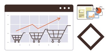 Analiz grafiğinde yukarı doğru ok büyüklüğünde alışveriş arabaları. Belgeler ve pasta grafikleri köşeye. E-ticaret, veri analizi, büyüme stratejisi, satış, istatistik, pazarlama, dijital