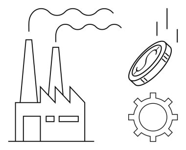 Duman yayan fabrika, mekanik teçhizat sembolü ve düşen madeni para endüstriyel üretim, ekonomik büyüme, imalat ve finansal girişleri gösteriyor. İş, ekonomi ve endüstri için ideal