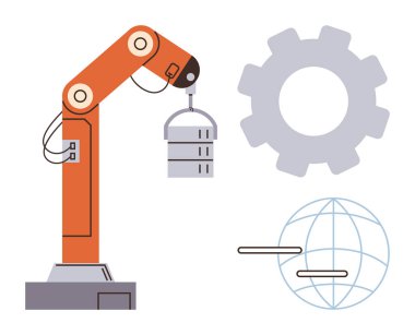 Robotik kol kaldırma sunucuları, büyük dişli çarkları ve küresel ağ şebekeleri. Otomasyon için ideal, robot bilimi, sektör 4.0, teknoloji veri yönetimi yapay zeka sistemleri yeniliği. Basit düz