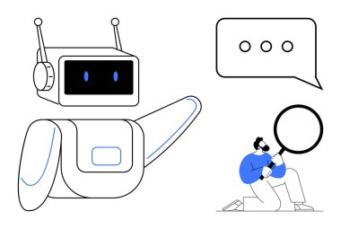 Dost canlısı robot hareketleri, detayları büyüteçle inceleyen adam, üç noktalı konuşma balonu. Yapay zeka, sohbet robotu, teknoloji, yenilik, iletişim, veri analizi kullanıcı etkileşimi için ideal
