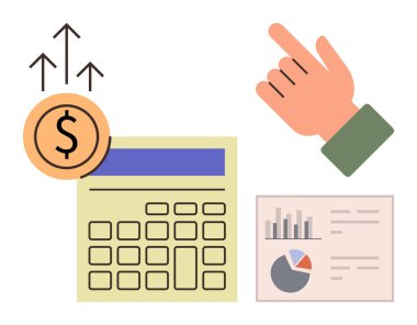 Dolar işaretli ve yükselen okları olan hesap makinesi, el işaretleri ve çubuk grafikleri olan bir analitik grafiği gösteriyor. Mali planlama, iş büyümesi, yatırım stratejisi, muhasebe ve veri için ideal