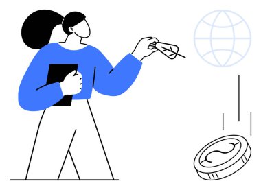 Elinde tablet olan mavi gömlekli bir kadın, bir küreye doğru kağıt uçak fırlatıyor ve bozuk para düşüyor. Girişimcilik için ideal, küresel işletme, finansal büyüme, yenilik, liderlik, strateji, basit daire