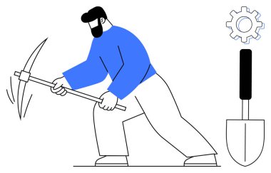 Kürek ve teçhizatla çevrili, kazmayla yere çarpan biri. Çalışma için ideal, çok çalışma, üretkenlik, takım çalışması, inşaat, endüstri kararlılığı. Temiz ve düz bir metafor.