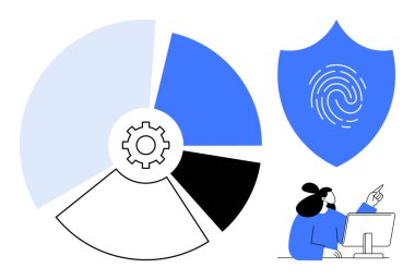 Donanımlı pasta grafiği, parmak izli kalkan ve monitördeki verileri analiz eden şahıs. Güvenlik, teknoloji, analitik, siber güvenlik, veri koruma stratejisi gizliliği için idealdir. Basit düz