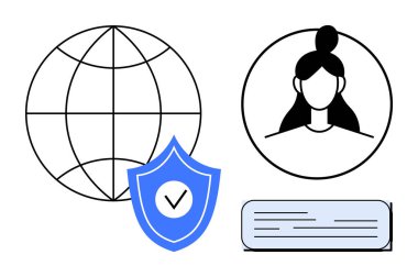 Küre, profil avatarı, işaretli kalkan, belge taslağı. Gizlilik, güvenlik, küresel bağlantı, dijital kimlik çevrimiçi siber güvenlik kullanıcı verileri için idealdir. Basit düz metafor
