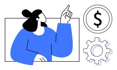 Dolar ve dişli sembolleriyle parmağını yukarı kaldıran bir kadın fikirleri, ilerlemeyi ya da karar vermeyi öneriyor. Finans, ticaret, üretkenlik, yatırım planlama ekonomisi liderliği için ideal. A