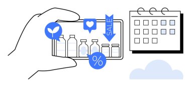 İndirim rozetli, eko ikonlu, satış etiketli ve kalpli şişeleri gösteren akıllı telefon. Takvim ve bulut yakında. E-ticaret, satış, pazarlama, ürün sürdürülebilirliği için ideal