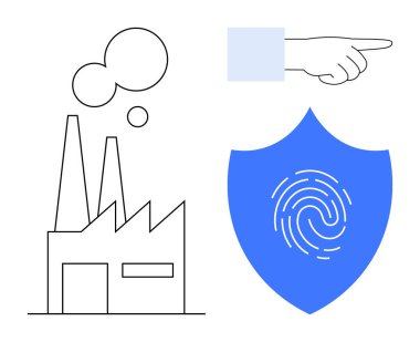 Duman emisyonlu fabrika, parmak izli mavi güvenlik kalkanı ve işaret eden bir el. Mahremiyet, endüstri, rehberlik, çevre, koruma kararı kontrolü için idealdir. Minimalist daire