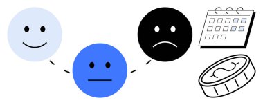 Üç duygusal yüz, bir takvim ve paranın yanı sıra, noktalarla birbirine bağlı mutluluktan üzüntüye geçişi gösteriyor. Ruh sağlığı, sağlık, zaman, finans, karar verme, izleme ve denge için ideal