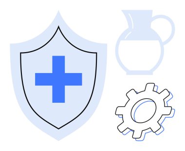 Sağlık hizmetleri için mavi haçlı kalkan, kaynaklar için atıcı ve çalışan sistemler için teçhizat. Sağlık, koruma, bakım, kaynaklar, güvenlik sistemleri ve sağlık için ideal. Basit düz