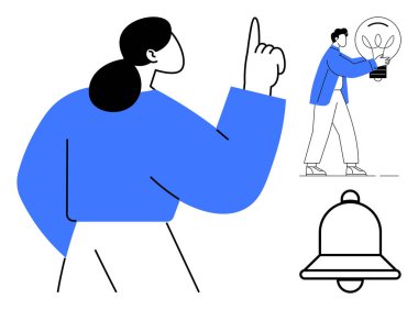 Kadının parmağını kaldırması, adamın elinde ampul tutması fikri sembolize ediyor ve bir uyarı zili. Fikirler, yenilikler, uyarılar, hatırlatıcılar, iletişim odaklı takım çalışması için idealdir. Basit düz metafor