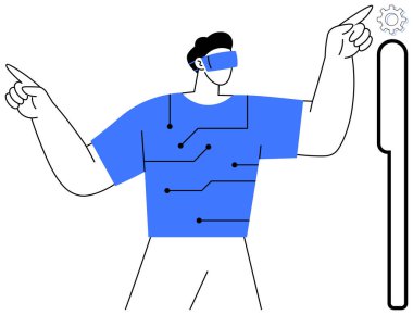 VR kulaklık takan erkek figürü, gömlekte bağlı devre desenleri, parmak hareketleri. Teknoloji, yenilik, VR, yapay zeka, oyun geleceği insan-teknoloji etkileşimi için idealdir. Basit düz metafor