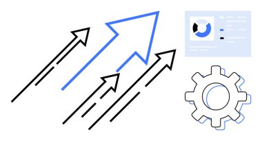 Yukarı bakan oklar, çizelge paneli ve büyümeyi, analitiği, verimliliği ve yeniliği gösteren dişliler. Strateji, ilerleme, üretkenlik takım çalışması için ideal başlangıç başarısı basit düz