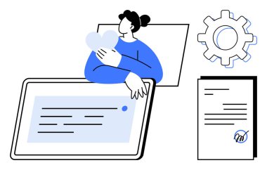 Kalp şeklinde bir kadın, iletişim gösteren dijital tablet, imzalı belge ve vites simgesi. Teknoloji, güven, yönetim, ortaklık, çevrimiçi hizmetler kavramları için ideal