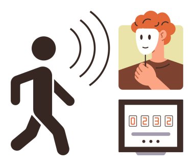 Dalgalar yayan insan figürü, bireysel maske ve dijital sayaç kimlik takibi, anonimlik ve gözetim anlamına gelir. Teknoloji, mahremiyet, etik, veri güvenliği yapay zekası için ideal