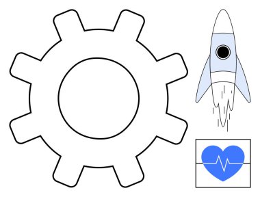 Büyük çarklar, roket fırlatma ve kalp atışları bir kalp şeklindeki teknoloji, yenilik, gelişme ve sağlık hizmetlerini sembolize eder. Endüstri, ilerleme ve sağlık araştırma ekibi çalışması için ideal