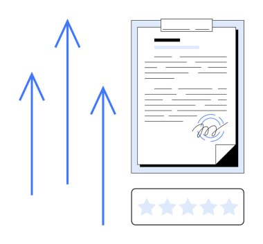 Panoda imzalı bir belge, üç yukarı doğru ok ve beş yıldızlı bir not. Kalite, başarı, başarı, büyüme, iş verimliliği değerlendirmeleri için ideal. Basit düz metafor