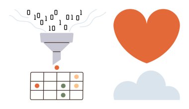 İkili kod bir bacadan ızgaraya geçer, yanında da kalp ve bulut şekilleri vardır. Veri analizi, yapay zeka, teknoloji, teknoloji, bulut depolama, yaratıcılık ve yenilik için ideal. Basit.