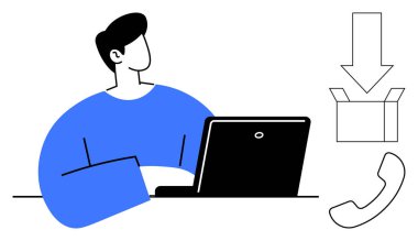 Dizüstü bilgisayara, nakliye kutusuna, aşağıya doğru ok ve telefona odaklanmış biri. E-ticaret, denizcilik, iletişim, müşteri hizmetleri lojistiği modern iş verimliliği için idealdir. Basit düz metafor