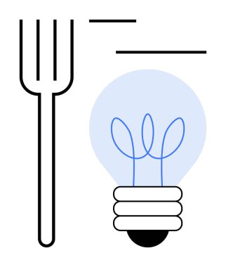 Fikirleri soyut grafik elementlerle temsil eden minimalist bir ampulün yanında çatal. Yenilik için ideal, yaratıcılık, aşçılık fikirleri, gıda endüstrisi, beyin fırtınası, modern tasarım, basit