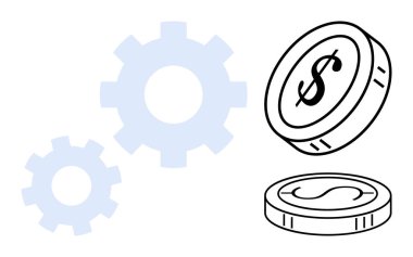 Dolar paralarıyla dönen dişliler finans, verimlilik ve iş sinerjisini vurguluyor. Ekonomi, endüstri, zenginlik, yatırım, verimlilik kazançları ve otomasyon için ideal. Basit düz metafor