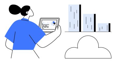 Tablette veri içgörüsü gözlemleyen bir kadın. Grafikleri ve bulut grafiği olan bir tablet. Analiz, bulut depolama, iş planlaması, veri yönetimi, istatistik, teknoloji, basit düz metafor