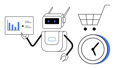 Robot, alışveriş arabası ve saatin yanında bar haritası analizi sunuyor, otomasyon, verimlilik, yapay zeka, e-ticaret, zaman yönetimi, verimlilik ve dijital yeniliğin altını çiziyor. Basit bir düz metafor.