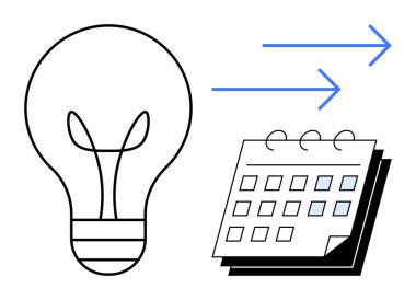 Takvimin yanında bir ampul ve ileriyi gösteren mavi oklar. Yenilik, strateji, verimlilik, gelecek planlama, zaman yönetimi, ilerleme için idealdir. Basit düz metafor