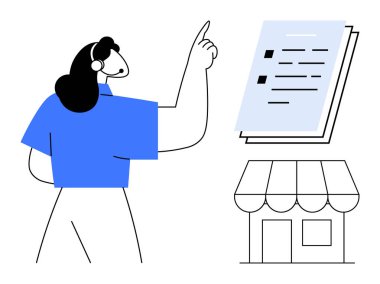 Küçük bir dükkanın yanındaki yüzen belgeleri gösteren bir kulaklık takan kişi. İş planlaması, yönetim, e-ticaret, müşteri hizmetleri, girişimcilik, strateji, dijital araçlar için ideal