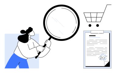 Elinde bir büyüteç olan kişi alışveriş arabasının yanındaki bir belgeyi inceliyor. Araştırma, e-ticaret, analitik, doğrulama, sözleşmeler, karar verme, şeffaflık için ideal. A