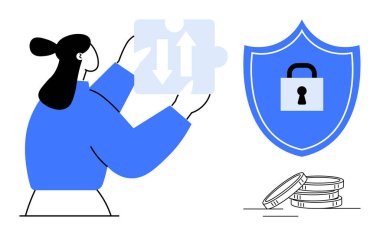 İki oklu yapboz parçası tutan kadın, asma kilit ikonlu kalkan ve bozuk para yığını. Güvenlik, finans, veri koruması, çözümler, takım çalışması, dijital işlemler için ideal basit düz