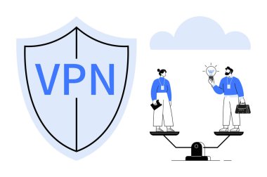 Kalkan etiketli VPN dijital güvenliği temsil ediyor. İki profesyonel iş dengeler, yenilikleri paylaşırlar. Siber güvenlik, veri koruması, uzaktan çalışma, takım çalışması, mahremiyet, basit bulut hizmetleri için ideal