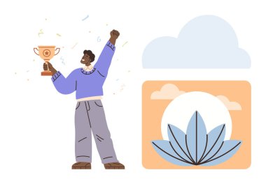 Başarı nilüferini temsil eden yükseltilmiş kol ve konfeti ile ödül tutan kişi ve doğa betimlemeleri büyüme, dinginlik ve dengeyi işaret ediyor. Motivasyon, farkındalık, hedef belirleme ve başarı için ideal