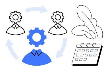 Oklarla birbirine bağlı dişli başlı figürler takım çalışmasını, verimliliği ve işbirliğini simgeler. Takvim zamanlamayı temsil ederken, yapraklar sürdürülebilirliği simgeler. İş akışı ve yönetim için ideal