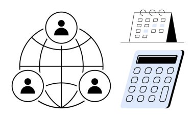 Masa takvimi ve hesap makinesinin yanında birbirine bağlı insanlar ağ sembolü. İşbirliği, planlama, planlama, iş, üretkenlik, uzaktan çalışma, finansal yönetim için ideal. Basit düz