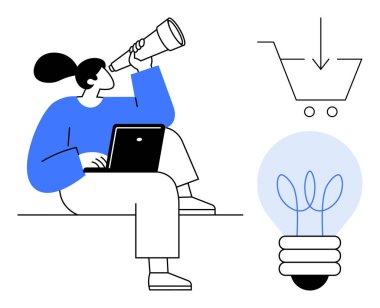 Dizüstü bilgisayarı ve teleskopu olan bir kadın, gözlem arabası ve ampul ikonlarıyla oturuyor. Yenilik, e-ticaret, piyasa araştırması, çevrimiçi iş, yaratıcılık, teknoloji ve keşif kavramları için idealdir. A