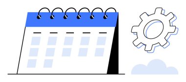 Vites ve bulutların yanında spiral takvim çizelgesi, planlama, iş akışı ve otomasyonu sembolize ediyor. Zaman yönetimi, sistem optimizasyonu, üretkenlik, beyin fırtınası stratejisi için ideal basit düz