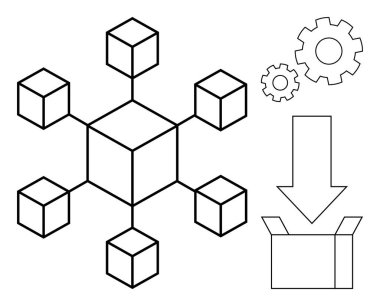 3D küpleri blockchain ağını temsil ediyor, işlem otomasyonu için vites dişlileri, veriyi bir kutuya yönlendiren ok. Teknoloji, engelleme zinciri, veri depolama, süreç yönetimi ve yenilik için ideal