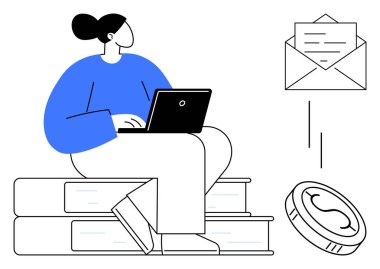 Dizüstü bilgisayarını uçan e-posta ve madeni para elementleriyle dolu kitapların üzerine oturtmuş bir kadın. Eğitim, serbest çalışma, iletişim, çevrimiçi danışmanlık, dijital gelir, uzaktan öğrenme, basit daire