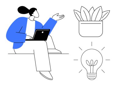 Dizüstü bilgisayarlı bir kadın, filizlenen yapraklı bir çiçek ve ampulün yanında oturuyor. Yaratıcılık, yenilik, eko-dostluk, büyüme, eğitim, sürdürülebilirlik, üretkenlik için ideal