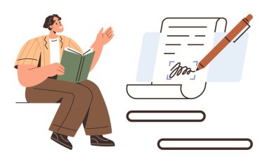 İmzalı bir belgenin yanında elinde kalemle el kol hareketi yapan genç bir adam. Öğrenme, anlaşmalar, sözleşmeler, eğitim, hikaye anlatma, iletişim ve işbirliği için idealdir. Basit düz metafor