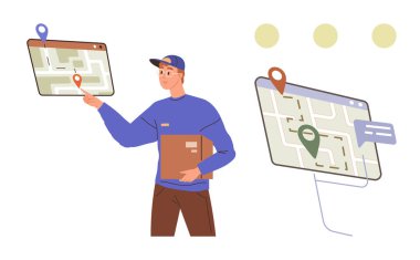 Kurye paketini tutuyor ve konumları ve güzergahları olan dijital haritayı işaret ediyor. Teslimat servisi, lojistik, e-ticaret, navigasyon, teknoloji, mobil uygulama, izleme için ideal. Basit düz