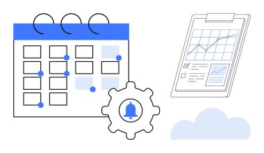 İşaretli olaylar takvimi, bildirim teçhizatı simgesi, performans grafiklerini gösteren pano ve bir bulut. Zamanlama, verimlilik, organizasyon, planlama, strateji veri analizi için ideal