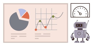 Turta grafiği, çizgi grafiği ve hız göstergesi göstergesi analitik, otomasyon ve veri izleme olan robot. Veri analizi, yapay zeka, robot bilimi, verimlilik yenilik performansı için ideal