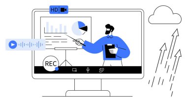 Profesyonel sunum grafikleri ve grafikleri bilgisayarda canlı olarak yayınlıyor. Uzaktan çalışma, web siteleri, özel dersler, eğitim, analitik, teknoloji ve iletişim için ideal. Basit düz metafor
